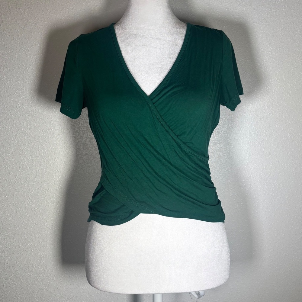 Emerald Green Wrap Front Ruched Short Sleeve Stretchy Top Witchy Whimsigoth M